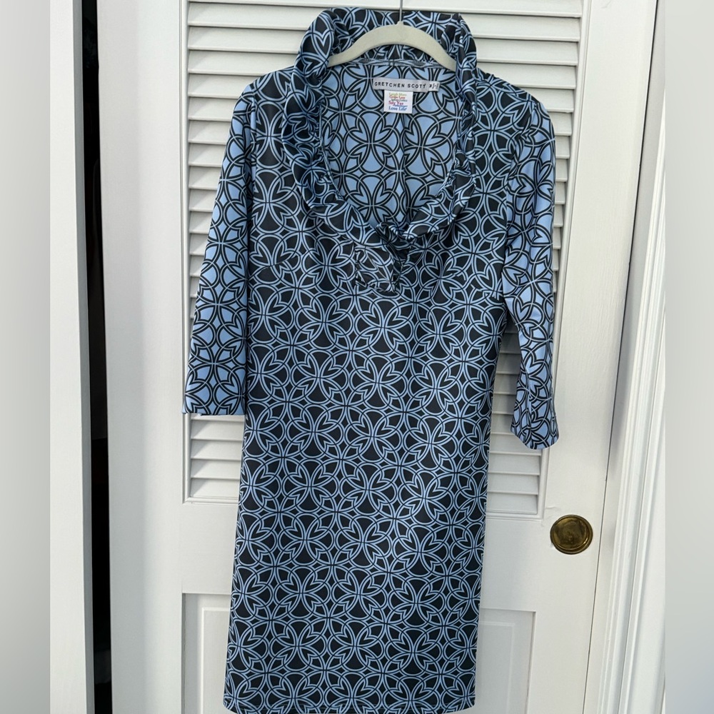 Gretchen Scott ruffle collar stretch dress blue slate tile design size med nwot